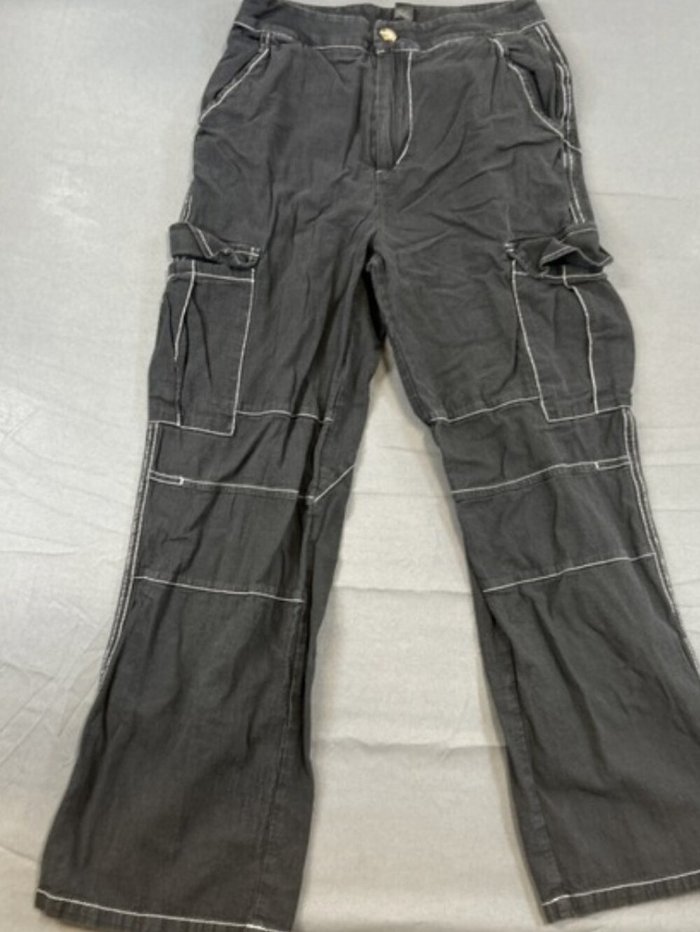 charcoal Shein cargo pants feature contrasting white stitching/ utility pockets